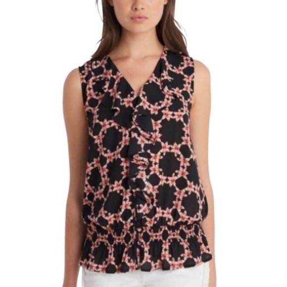 Karl Lagerfeld Black Floral Ruffled Sleeveless Blouse Size Large - Picture 5 of 5